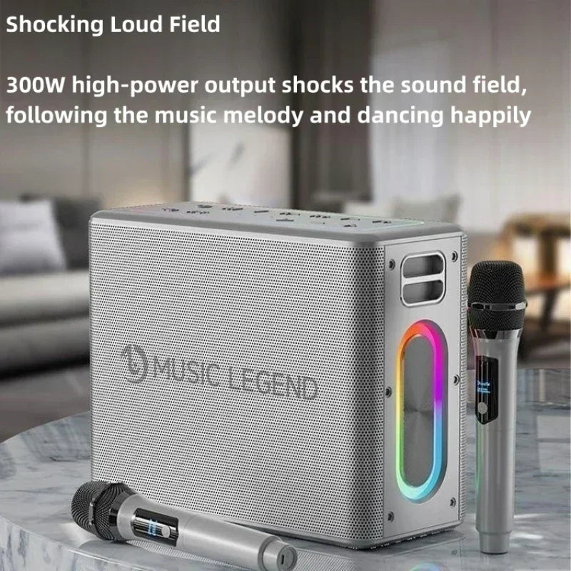 Silver mesh-textured karaoke family party bluetooth speaker caixa portable subwoofer with rainbow led and two microphones