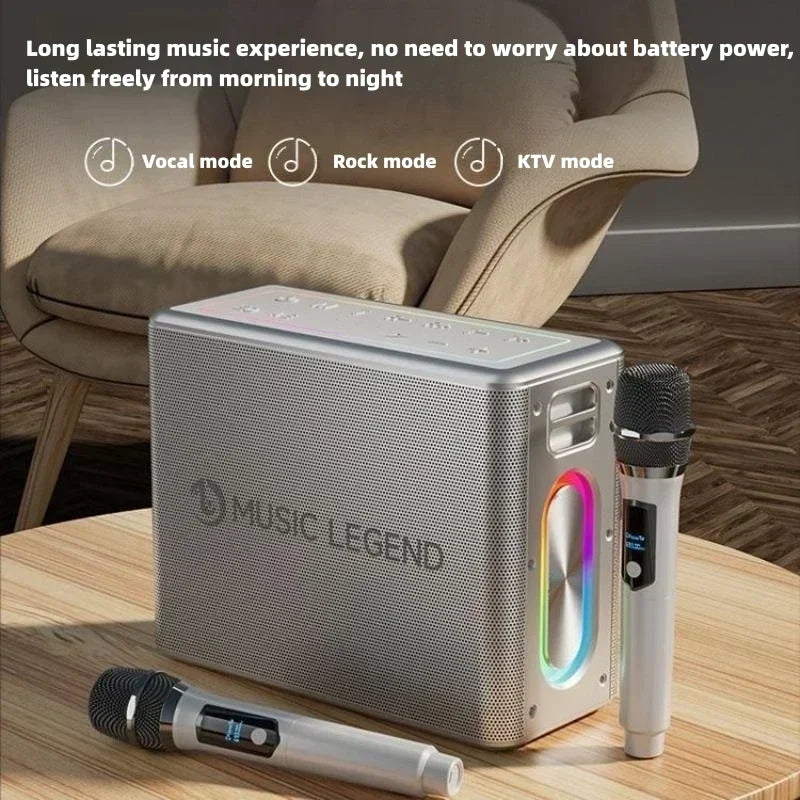 Silver rectangular portable subwoofer with mesh grille and rainbow led strip branded music legend for karaoke family party bluetooth speaker caixa