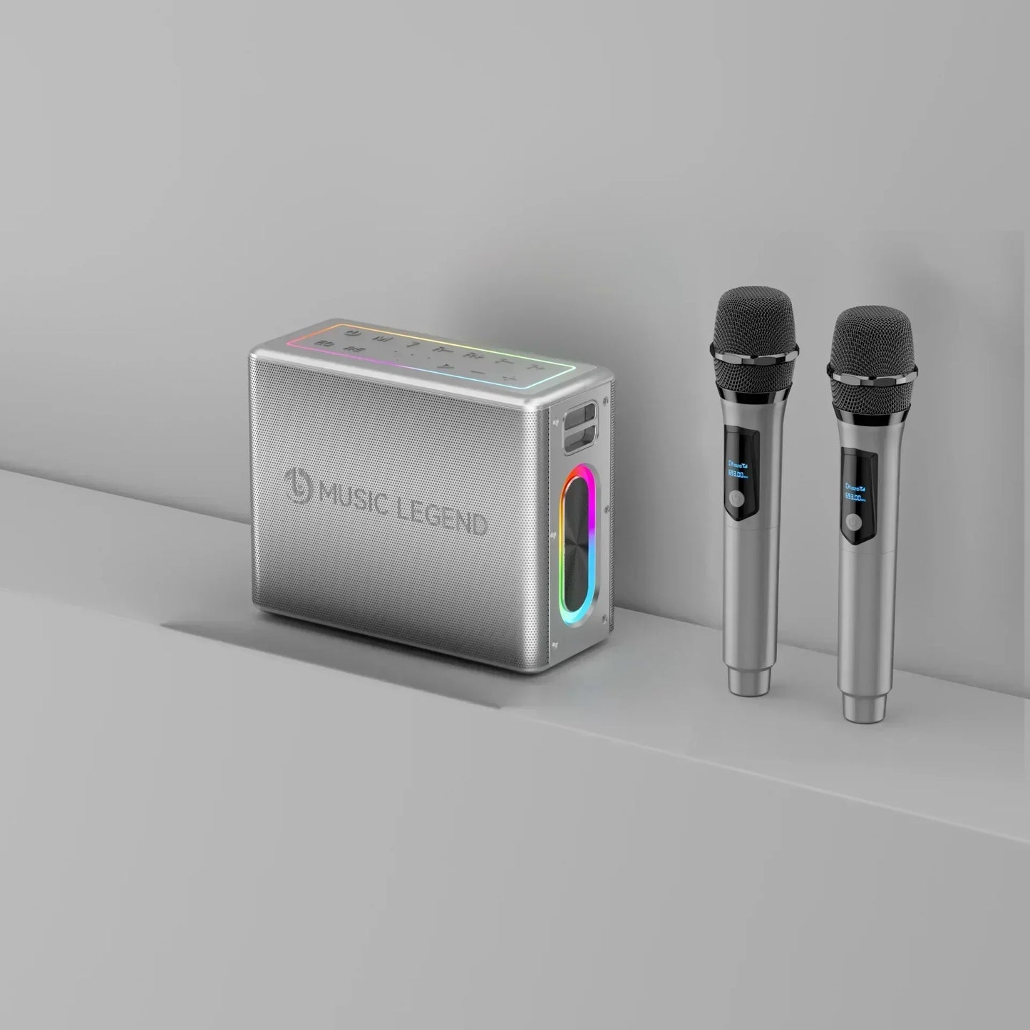 Silver textured karaoke family party 300w portable subwoofer with rainbow led bluetooth speaker caixa and two wireless microphones