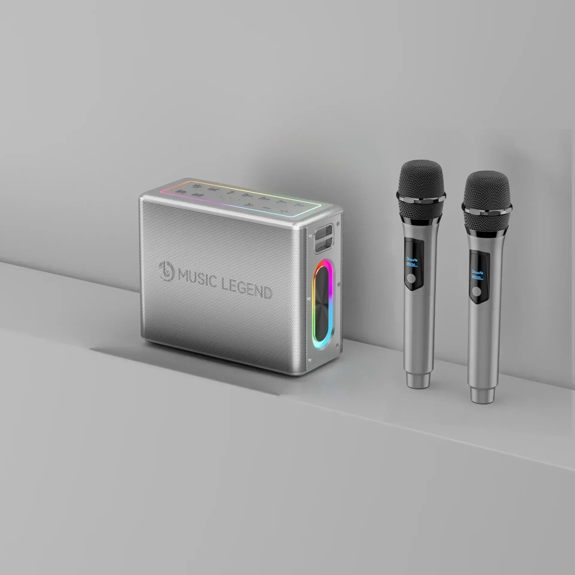 Silver textured karaoke family party 300w portable subwoofer with rainbow led bluetooth speaker caixa and two wireless microphones
