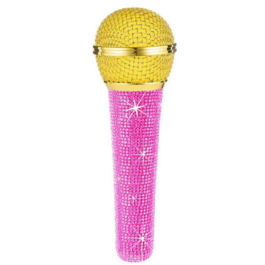 A glittering pink karaoke handheld dynamic mic with gold mesh grille and xlr cable multi color sleeve for professional performance studio use