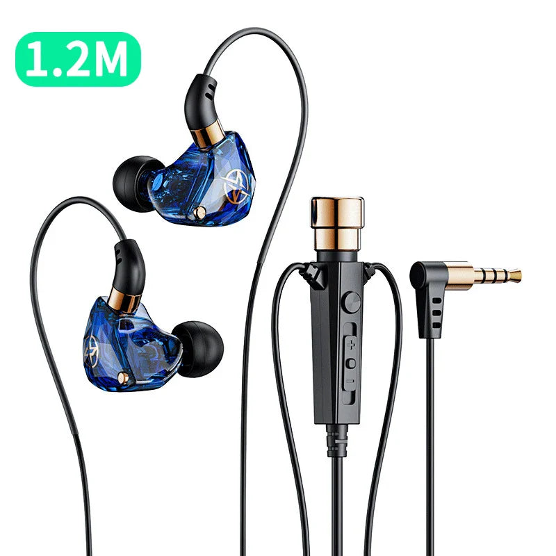 Blue transparent karaoke hifi wired in-ear headphones with gold accents mic singing living bass noice cancelling and control module