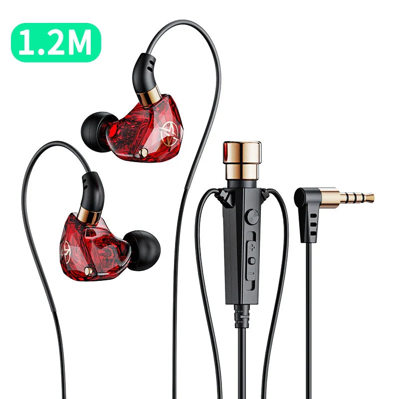 Red translucent karaoke hifi wired in-ear headphones with mic singing living, bass noise cancelling, 1.2m cable, gold accents