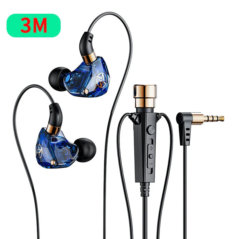 Blue transparent karaoke hifi wired in-ear headphones with gold accents mic singing living bass noice cancelling 35mm jack