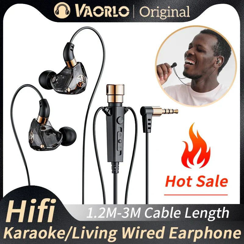 Black and gold vaorlo original karaoke hifi wired in-ear earphones with mic singing living bass noice cancelling design