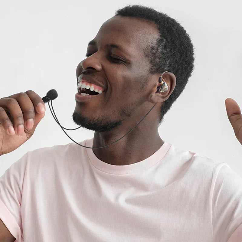 Black karaoke hifi wired in-ear monitor with metallic finish mic singing living and bass noise cancelling feature