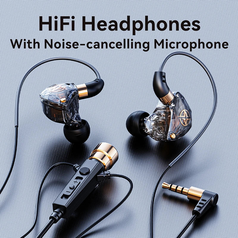 Clear transparent karaoke hifi wired in-ear headphones with mic singing living black tips and gold accents bass noice cancelling