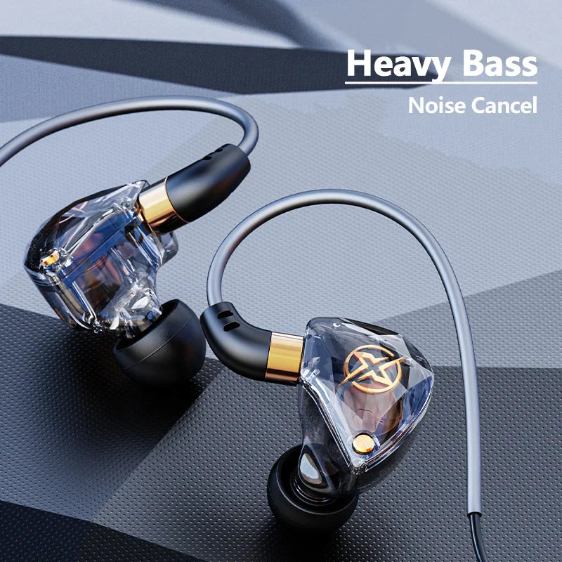 Clear crystal-finish karaoke hifi wired in-ear monitors with mic singing living black tips gold accents bass noice cancelling