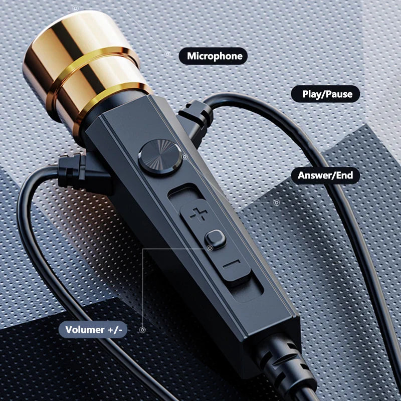 Gold and black karaoke hifi wired microphone with bass noice cancelling control buttons and metallic grille for mic singing living