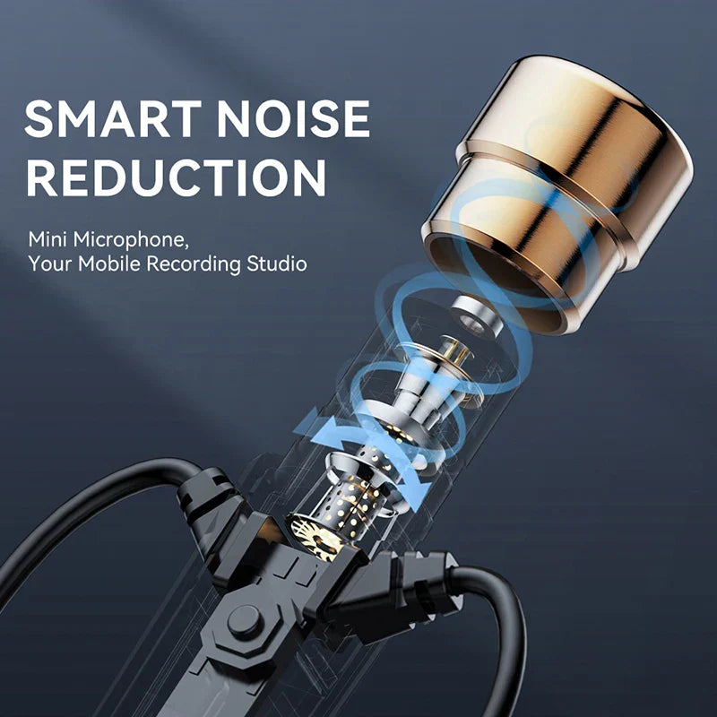Gold-colored sleek cylindrical mini microphone with metallic finish and black cable for karaoke hifi wired mic singing living bass noise cancelling headset