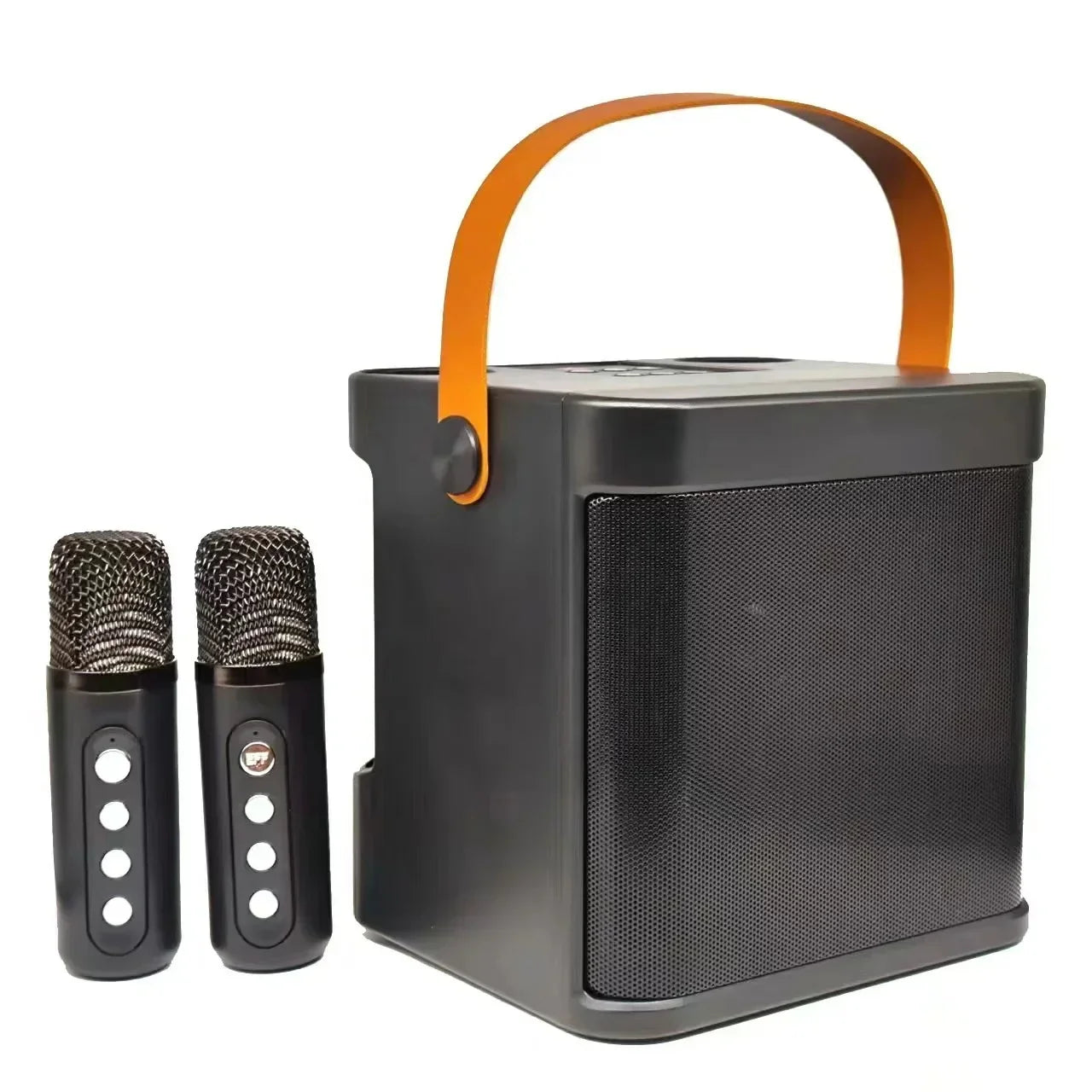 Black karaoke machine with orange leather handle and two wireless microphones music kids portable 60w speaker