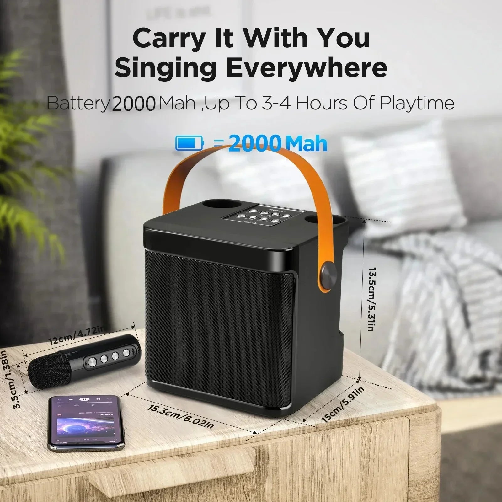 Black portable karaoke machine with bright orange handle, textured grille, kids portable 60w speaker, wireless microphones music