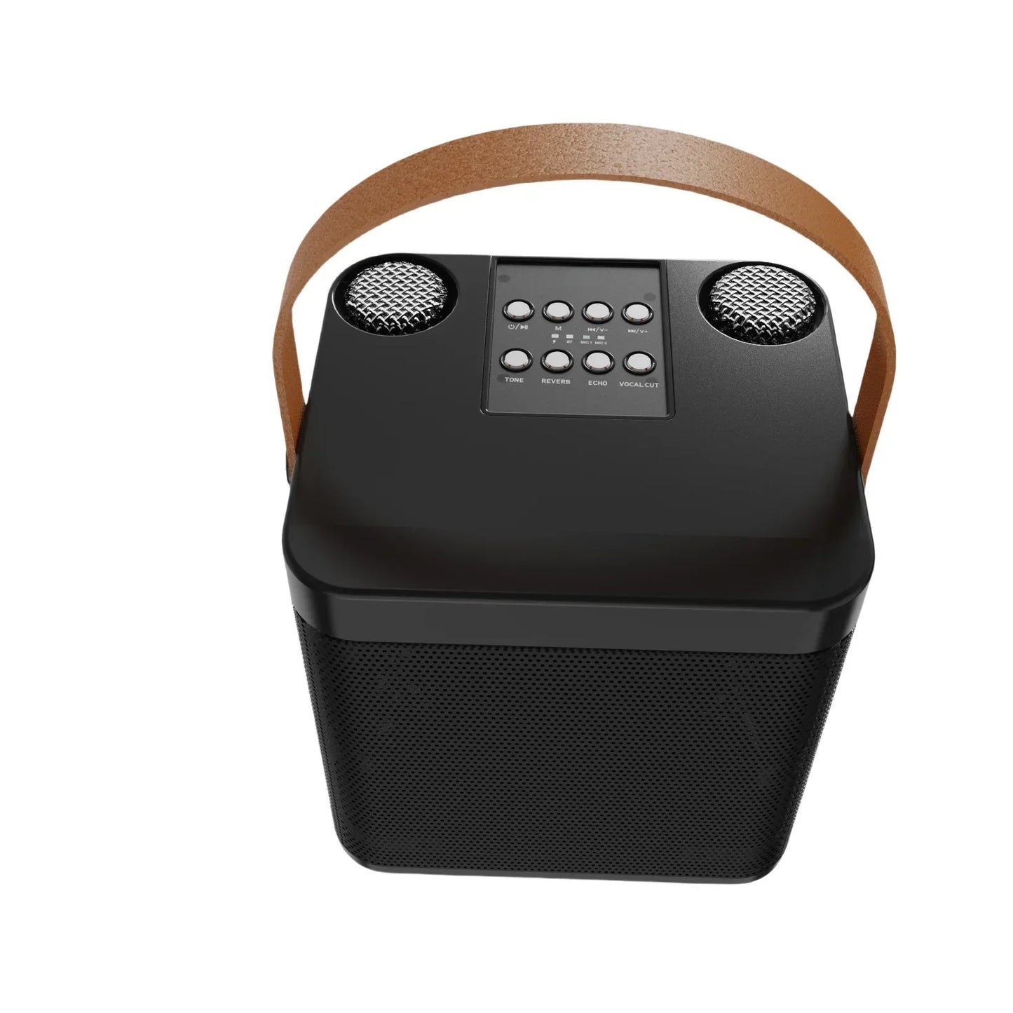 Black rectangular karaoke machine with tan leather handle and silver mesh grilles portable 60w speaker with wireless microphones music