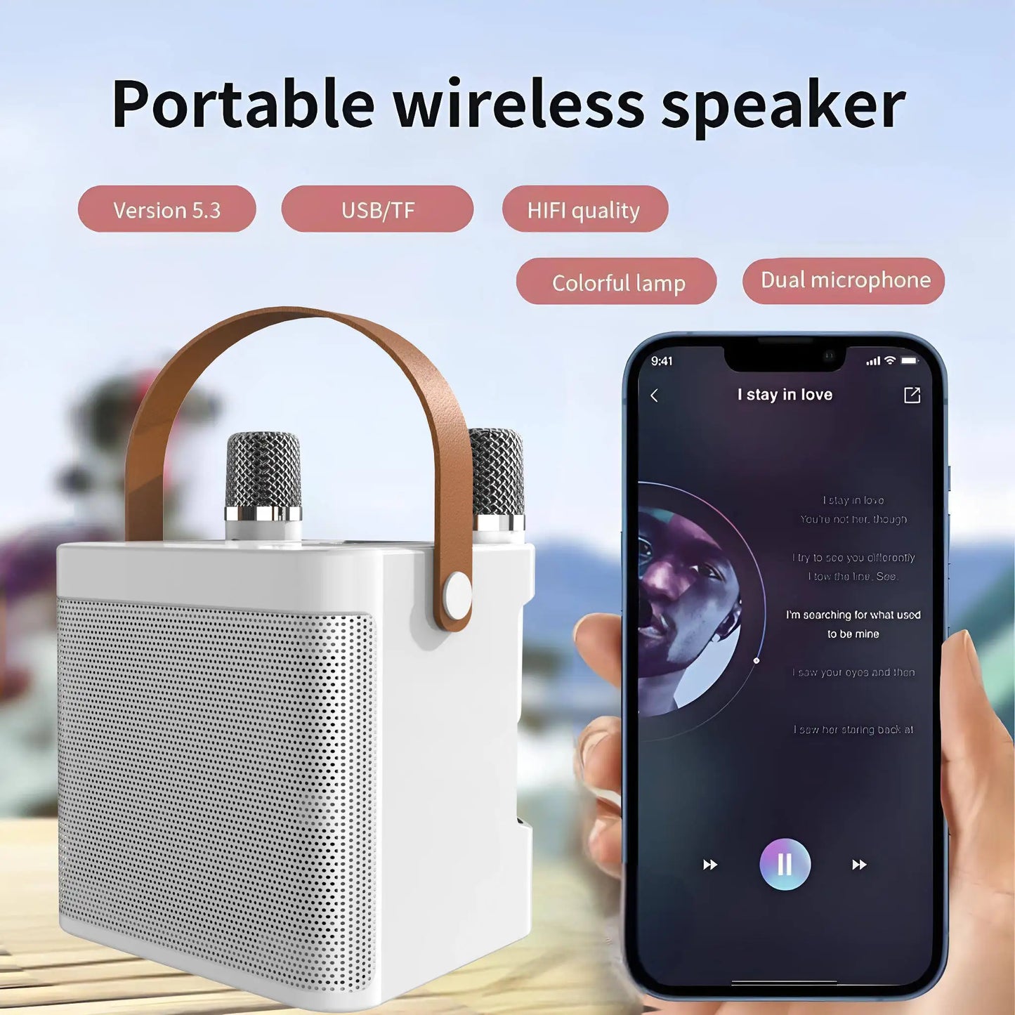 White karaoke machine portable 60w speaker with brown leather handle and wireless microphones music for kids and adults