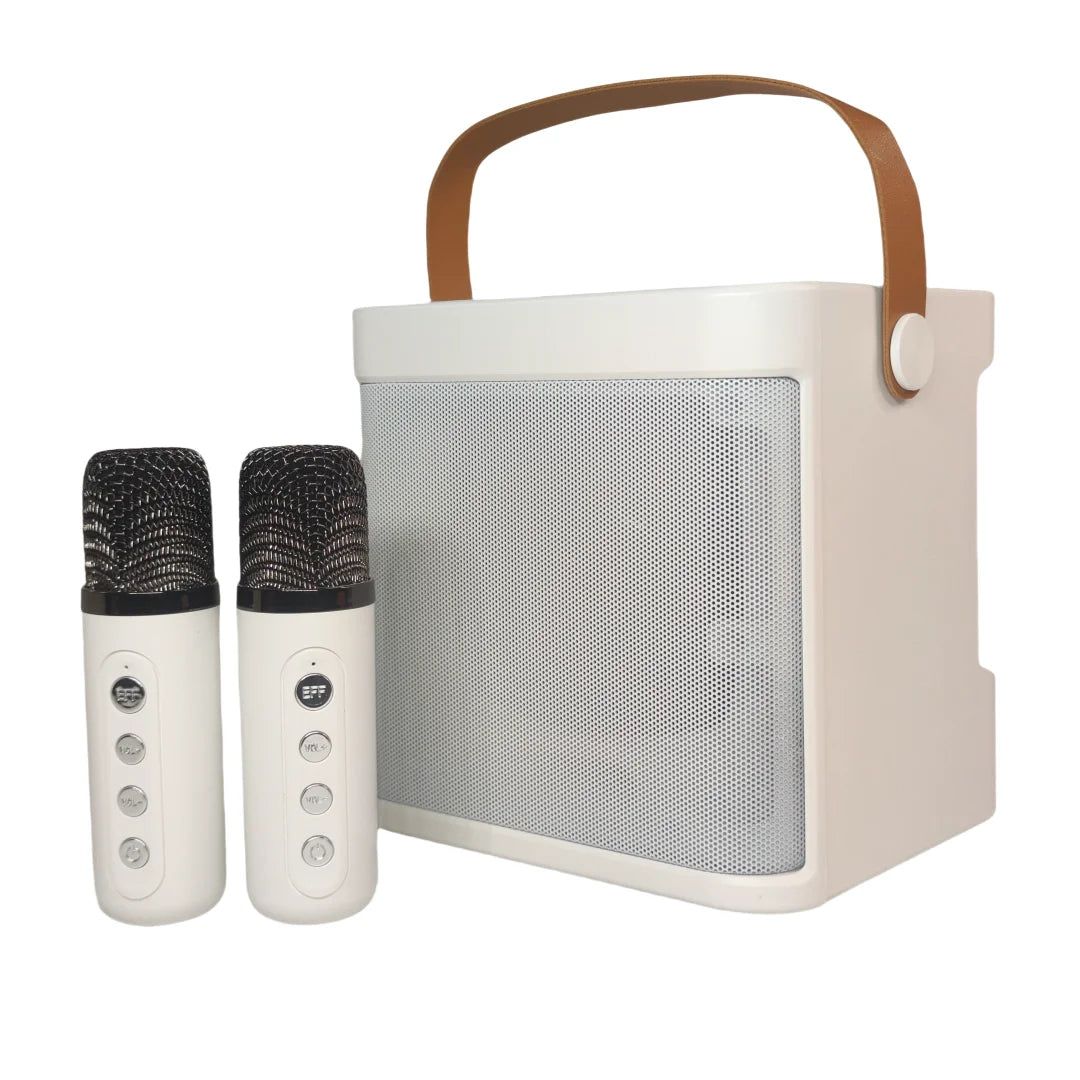 White karaoke machine with 60w portable speaker brown leather handle and two wireless microphones for kids music parties