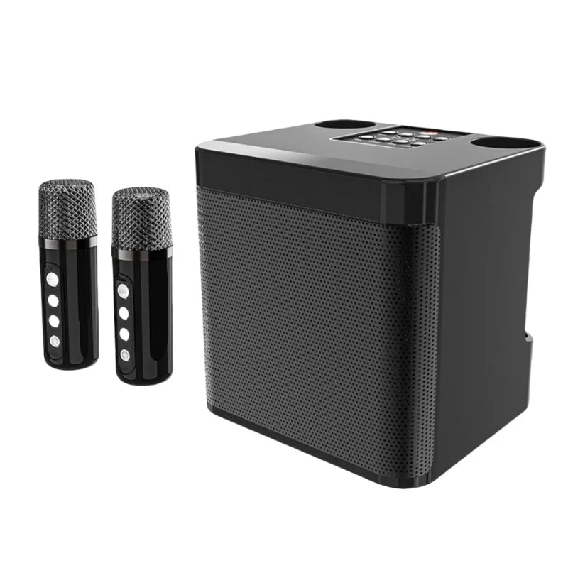 Black portable bluetooth karaoke machine with two wireless mic home handheld microphones and compact speaker unit