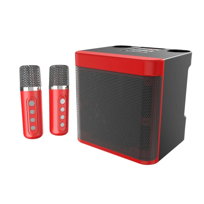 Red and black portable bluetooth karaoke machine with two wireless mic home microphones and singing speaker for parties