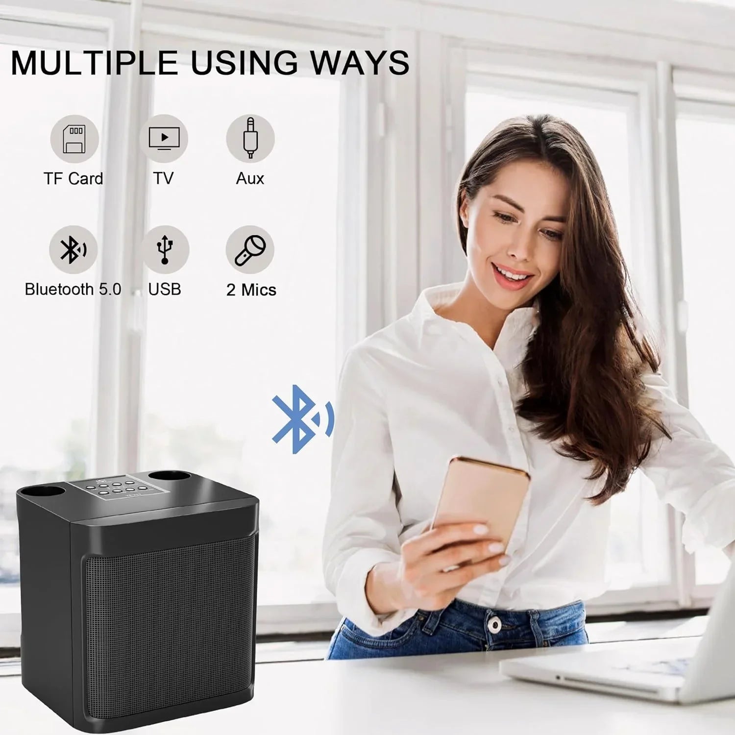 Black rectangular portable bluetooth karaoke microphone singing speaker with front grille and top control panel for home use