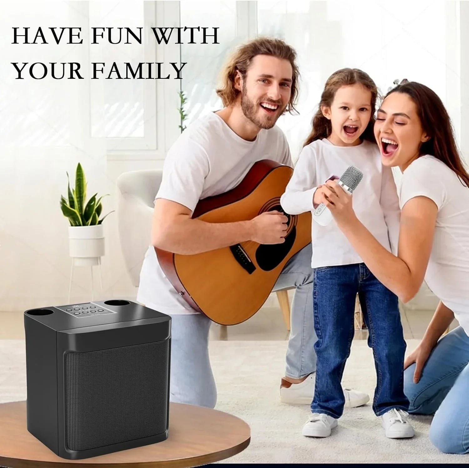 Black rectangular portable bluetooth karaoke speaker with mesh grille and control buttons for wireless mic home use