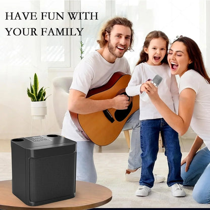 Black rectangular portable bluetooth karaoke microphone singing speaker with mesh grille and control buttons for wireless mic home use