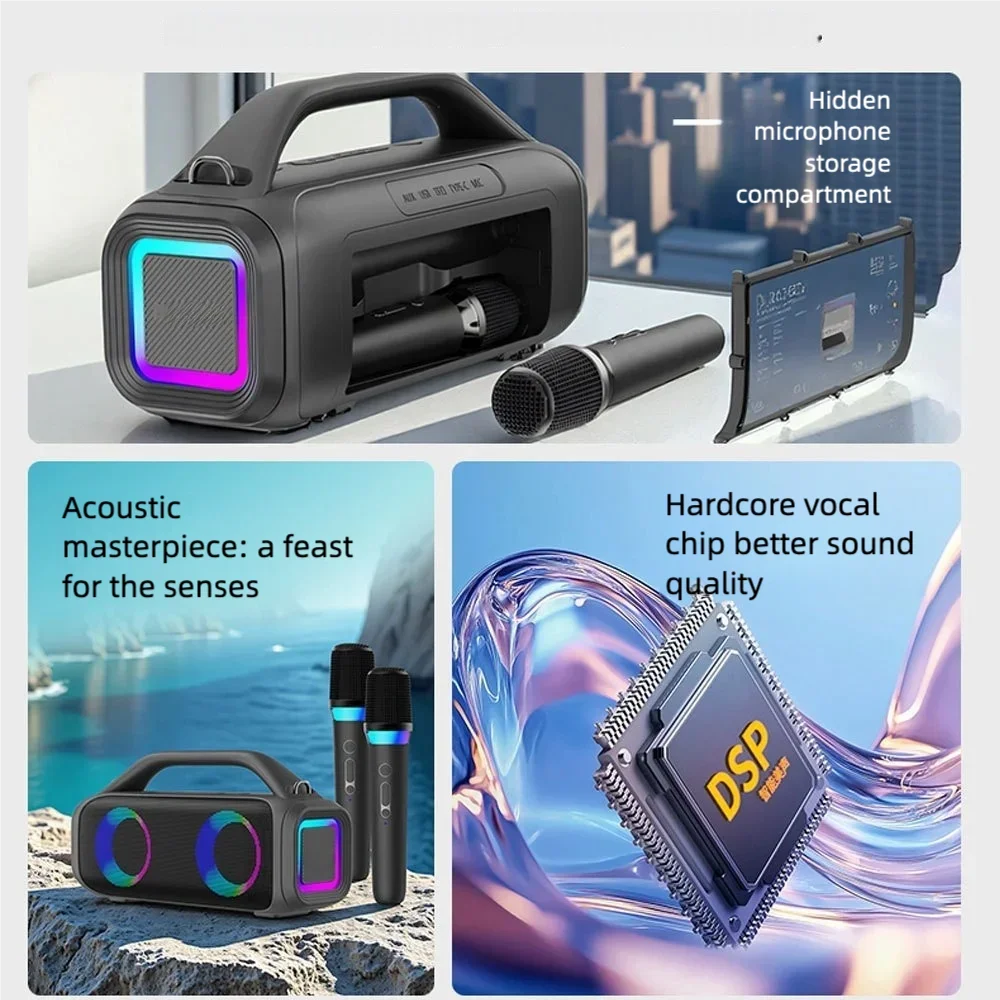 Black portable karaoke machine with colorful disco lights built-in handle and bluetooth for type beat music use