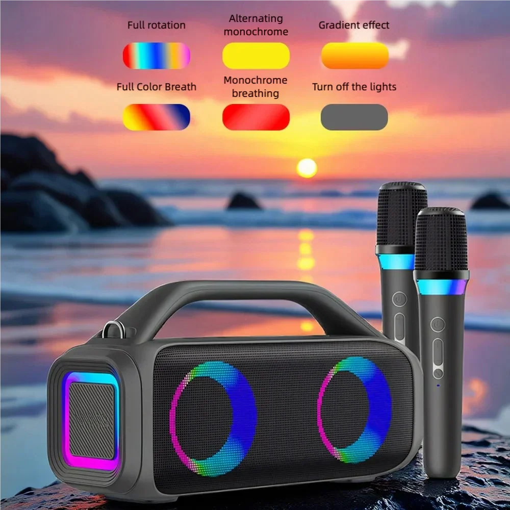 Black portable karaoke machine with disco lights and two wireless microphones for type beat music and parties