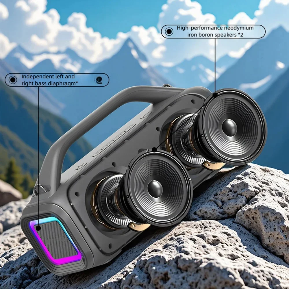 Gray portable bluetooth karaoke machine with two neodymium speakers and purple disco lights for type beat music