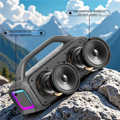Gray portable bluetooth karaoke machine with two neodymium speakers and purple disco lights for type beat music