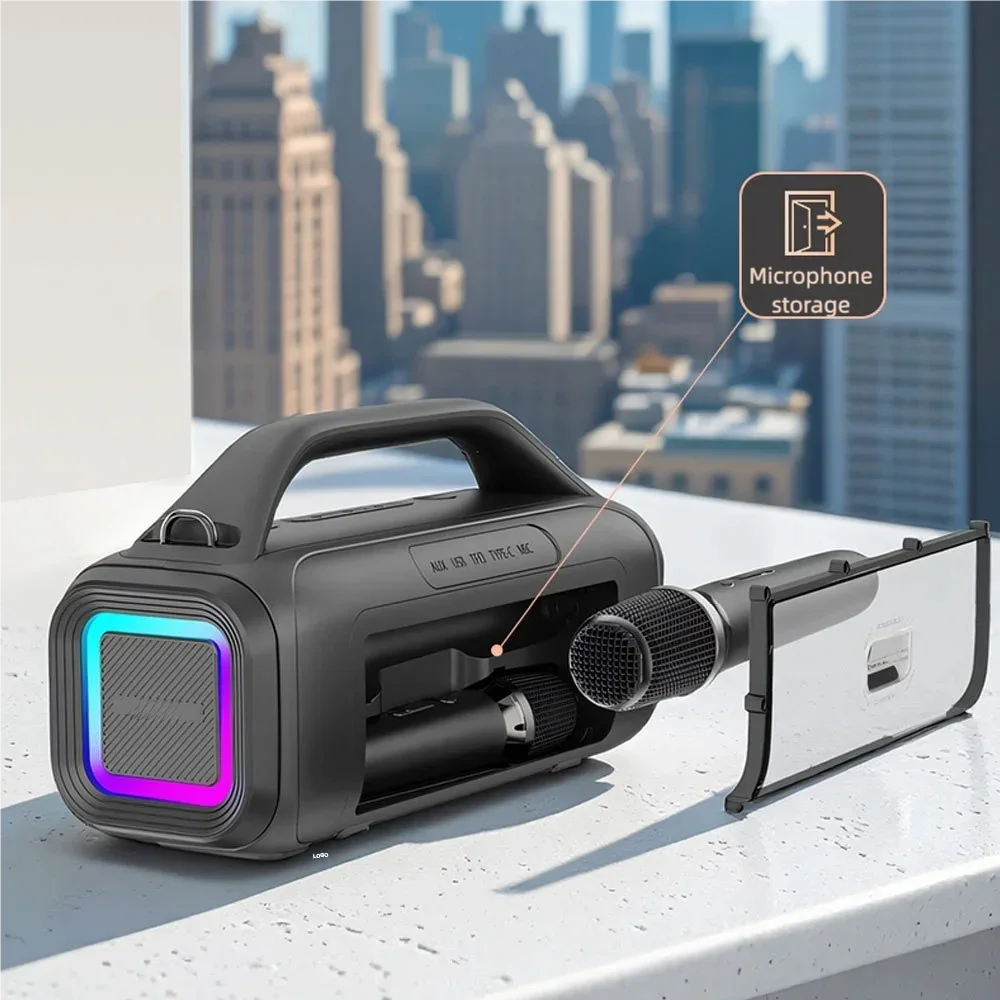 Black portable bluetooth karaoke machine with handle vibrant rgb disco lights and wireless microphones storage compartment