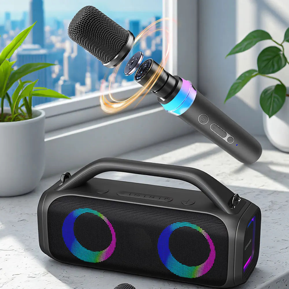 Black karaoke machine with wireless microphone and portable bluetooth speaker with disco lights for type beat music