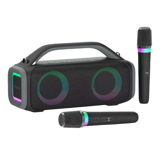 Black portable karaoke machine with disco lights and two wireless microphones for type beat music events