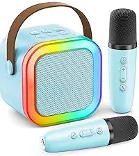 Light blue portable bluetooth mini karaoke microphone and singing speaker player with rainbow led for home party use