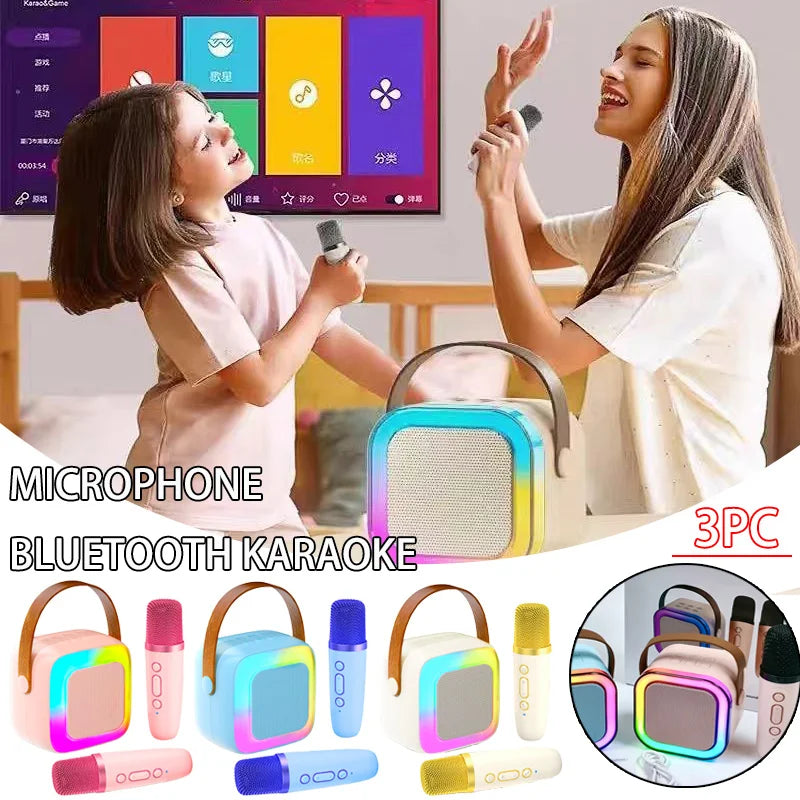 Rainbow-gradient plastic mini karaoke microphone singing speaker with mesh grille and carrying handle for home party use