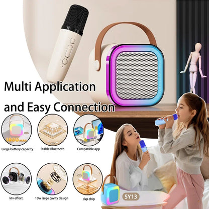 White and black wireless mini karaoke microphone with textured grip paired with colorful led-lit singing speaker player for home party