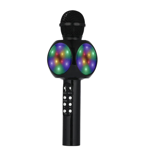 Black wireless karaoke machine microphone with magic voice changer and colorful led lights on circular panels