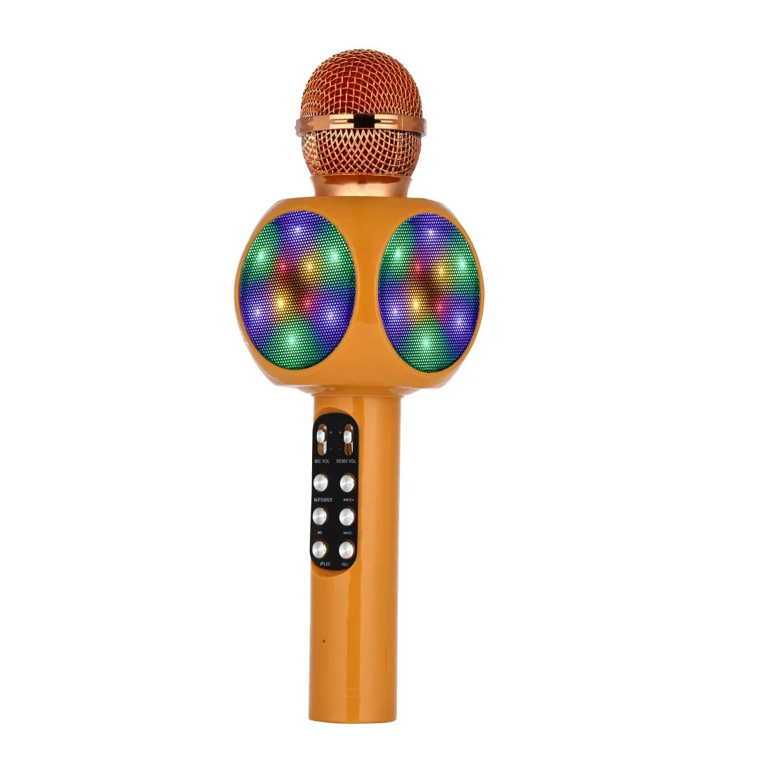 Orange wireless karaoke machine microphone with gold mesh grille colorful led lights and magic voice changer features