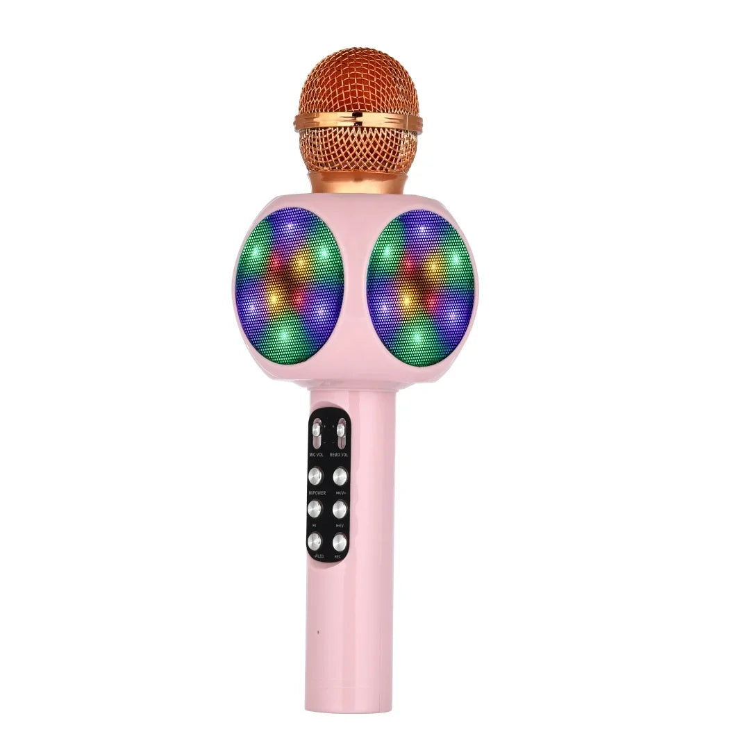 Pink karaoke machine microphone with gold mesh grille and colorful led lights featuring magic voice changer