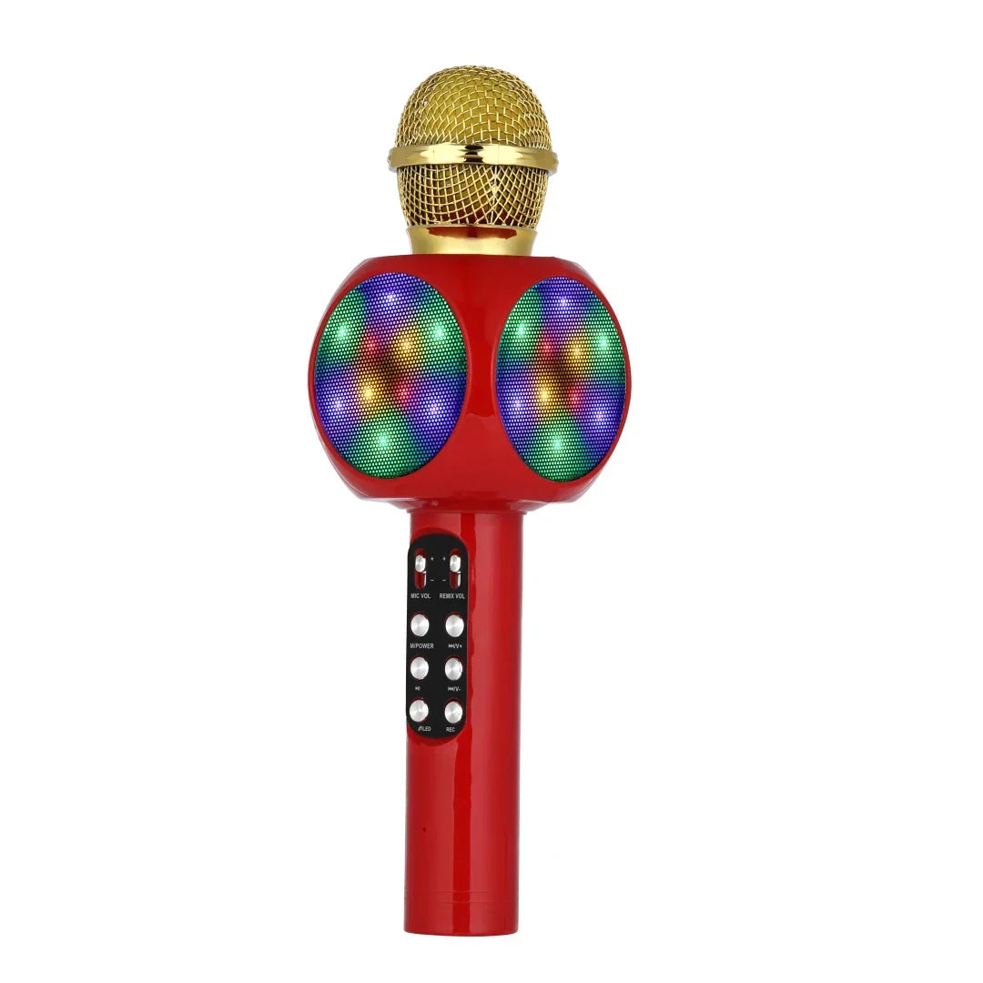 Red wireless karaoke machine microphone with gold mesh grille colorful led lights and magic voice changer features