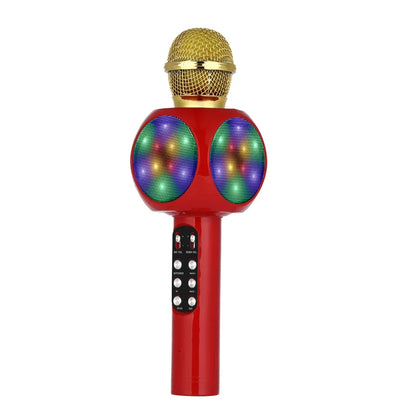 Red wireless karaoke machine microphone with gold mesh grille colorful led lights and magic voice changer features