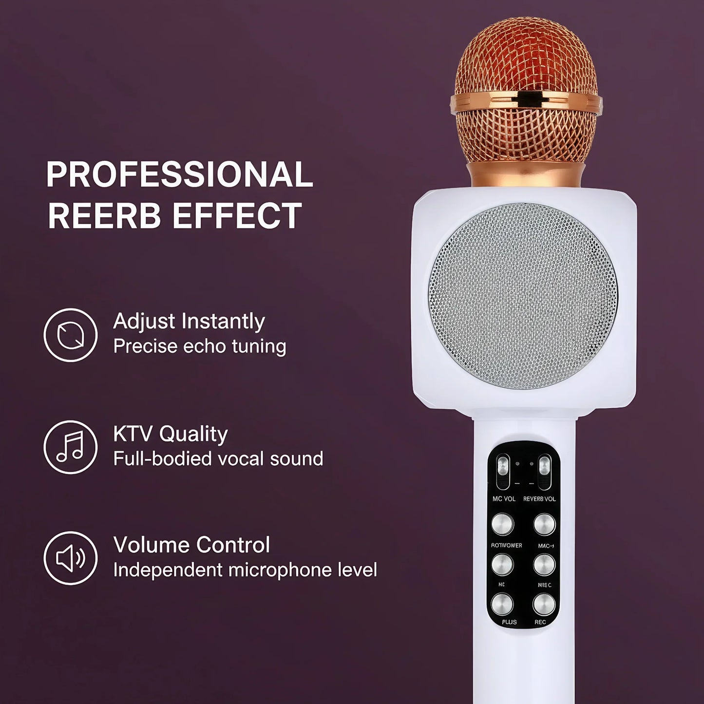 Gold mesh karaoke machine microphone with white body control buttons magic voice changer and colorful led lights
