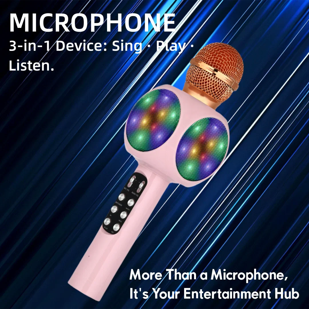 Pink karaoke machine microphone with gold mesh grille magic voice changer colorful led lights and control panel on handle