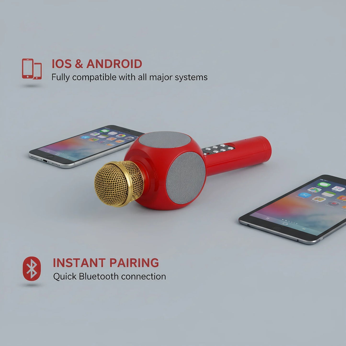 Red wireless karaoke machine microphone with gold mesh grille built-in speaker magic voice changer colorful led lights