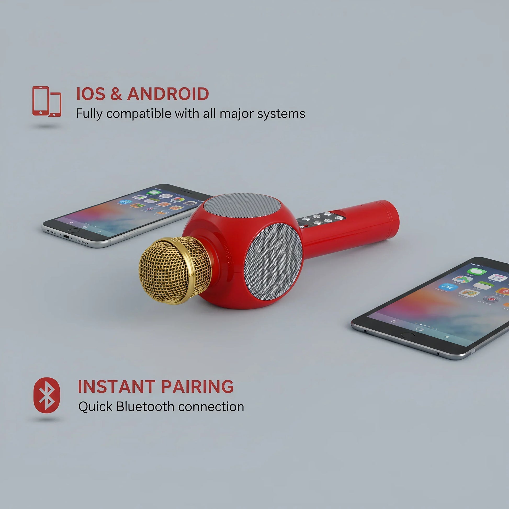 Red wireless karaoke machine microphone with gold mesh grille built-in speaker magic voice changer colorful led lights