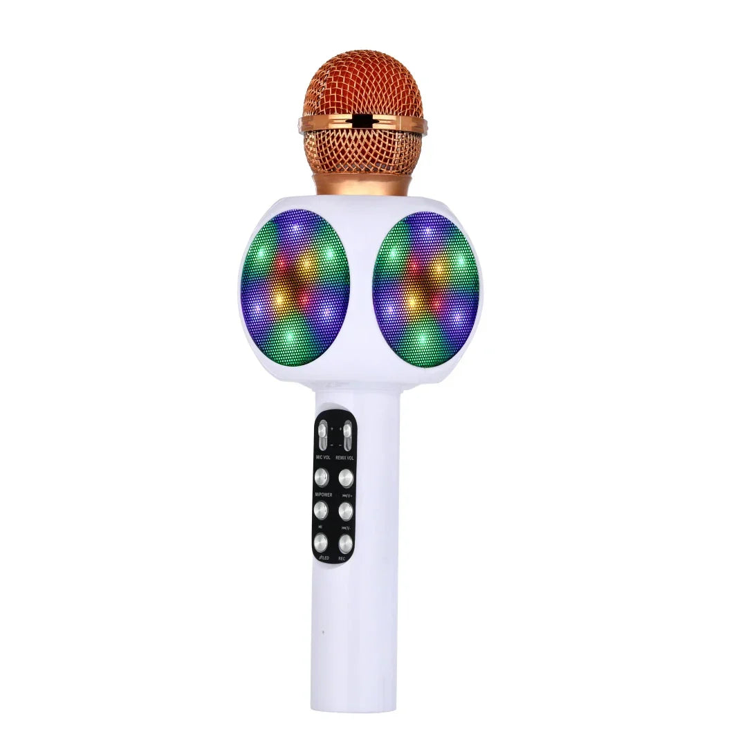 White karaoke machine microphone with gold mesh grille and colorful led lights featuring magic voice changer