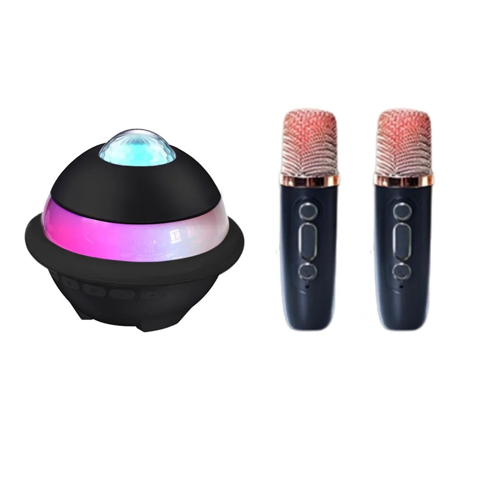Black spherical karaoke machine mini with glowing blue projector night light and wireless dual microphones rose gold accents