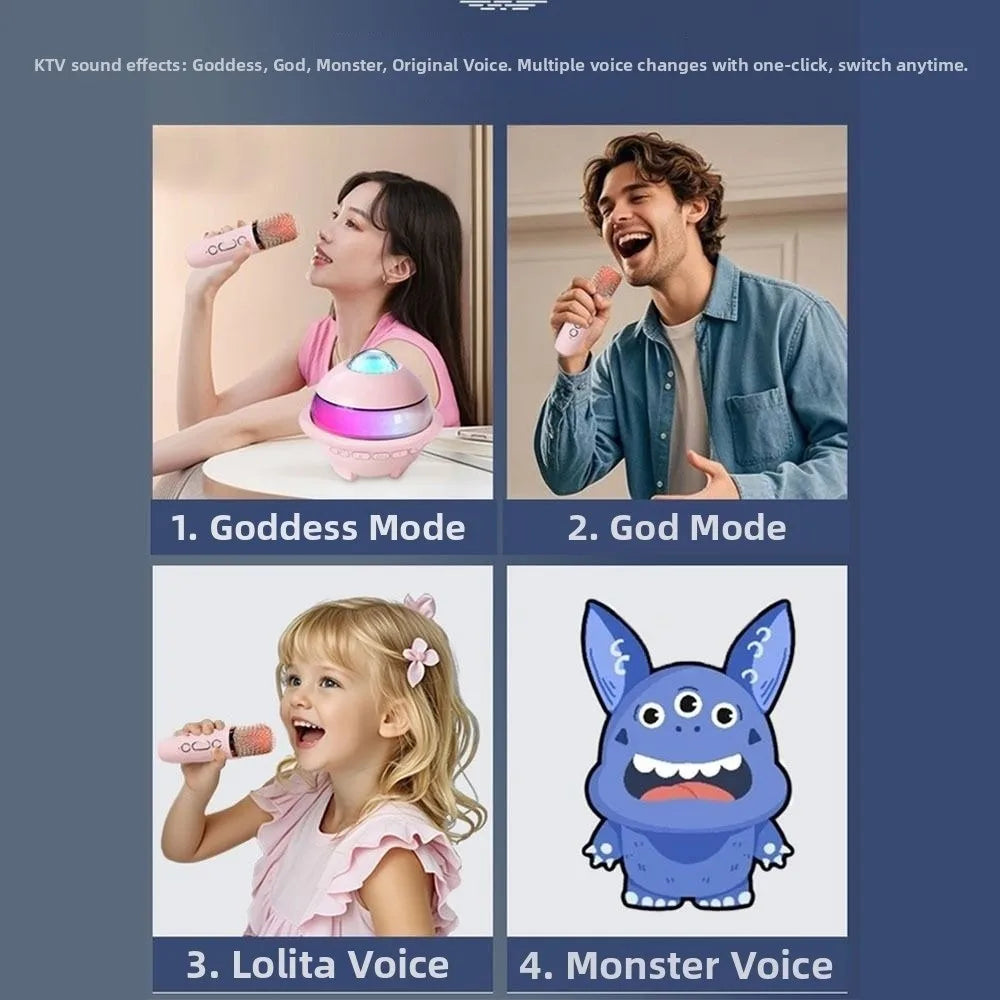 Pink handheld microphone with glowing blue and purple light for karaoke machine mini with wireless dual microphones and projector night light