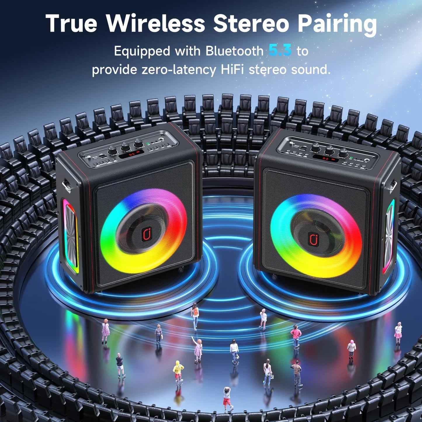 Black portable bluetooth 5.3 karaoke machine with colorful rgb lighting and wireless microphones for true wireless stereo pairing