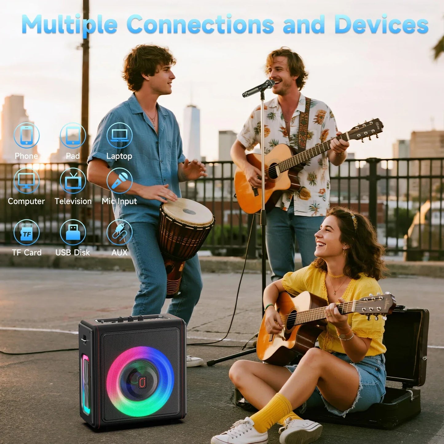 Black portable bluetooth karaoke machine speaker with colorful led lights and two wireless microphones for adults