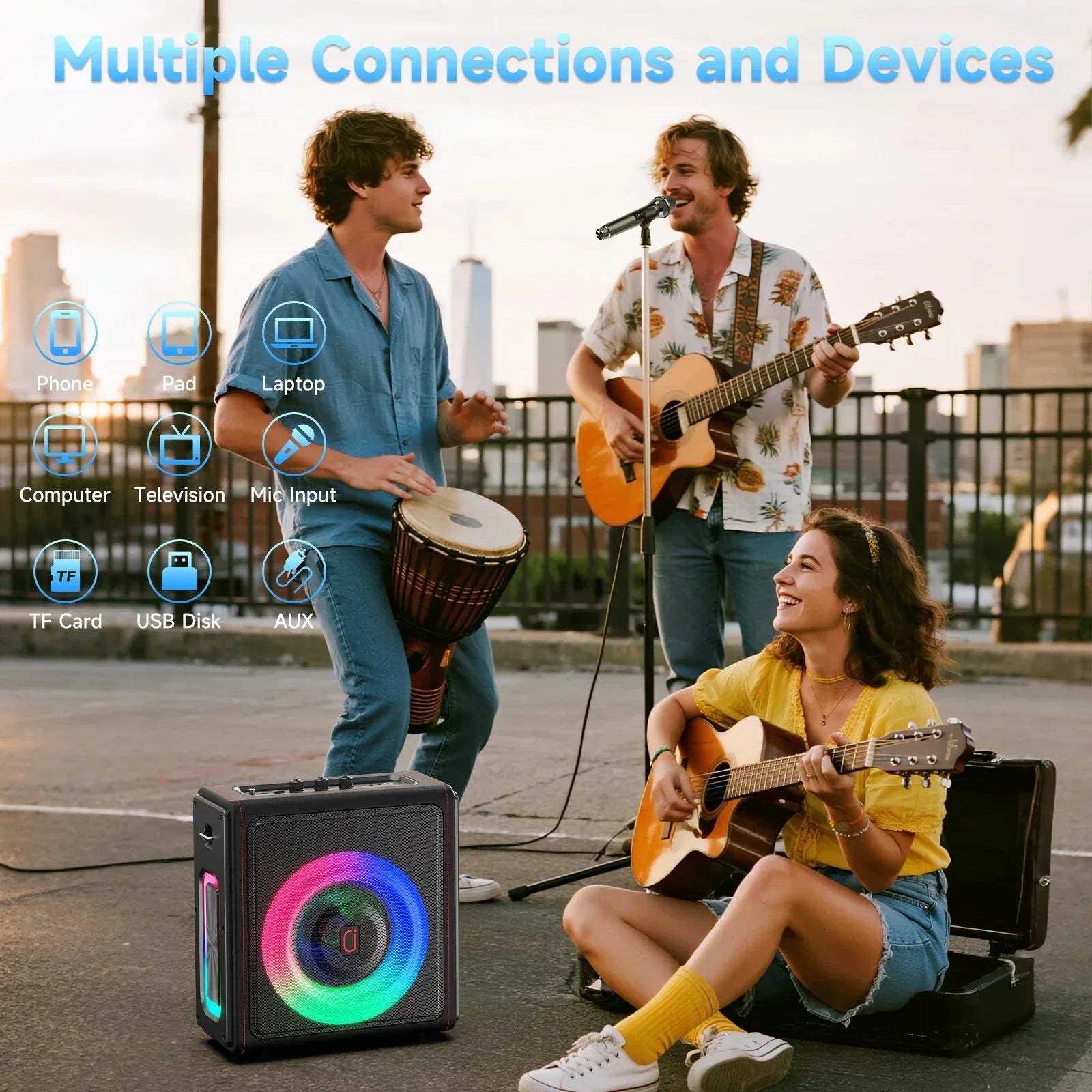 Black portable bluetooth karaoke machine speaker with colorful led lights and two wireless microphones for adults