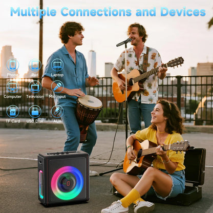 Black portable bluetooth karaoke machine speaker with colorful led lights and two wireless microphones for adults